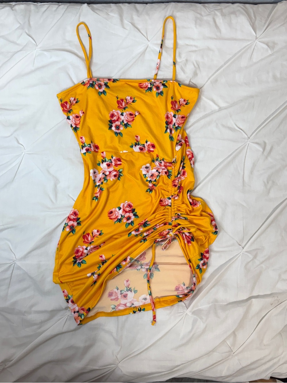 Fashion Nova Yellow Floral Ruched Spaghetti Strap Mini Dress